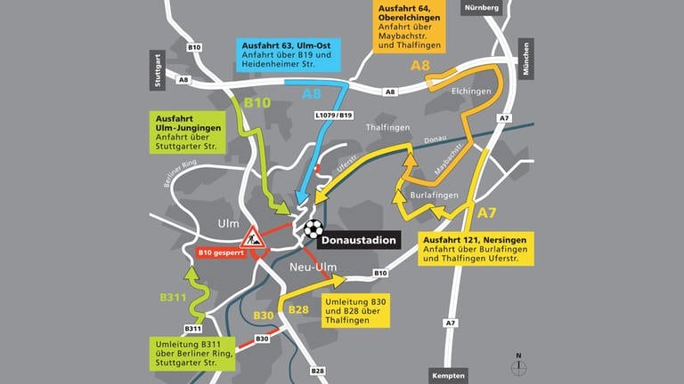 Eine Grafik der Stadt Ulm, die die Anfahrtsmöglichkeiten zeigen, wie die Fans zum Pokalspiel SSV Ulm 1846 Fußball gegen Bayern München gelangen können.