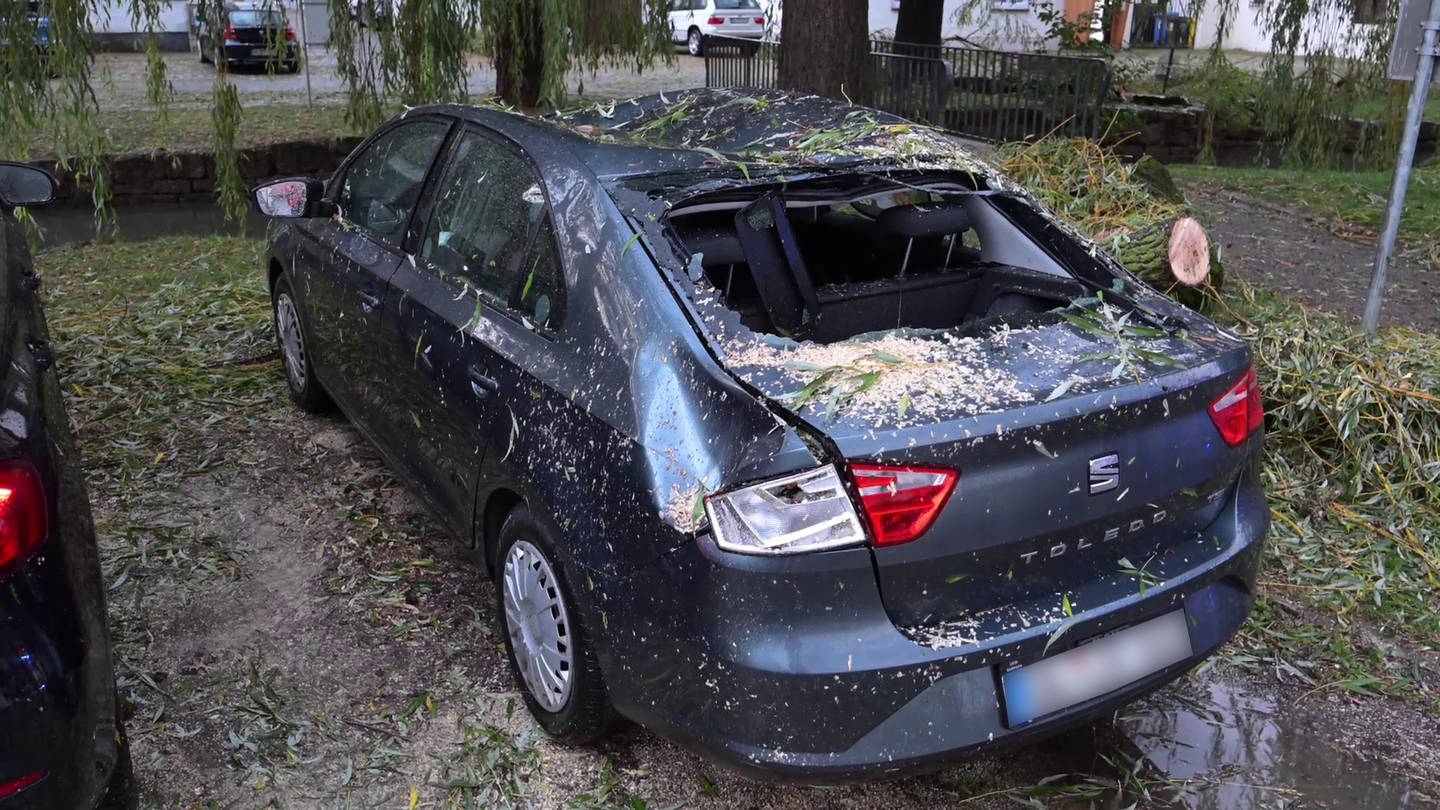 Bei einem Gewitter nahe Ulm sind zahlreiche Bäume umgekippt und Äste abgebrochen. Teilweise beschädigten sie Fahrzeuge, so wie hier.