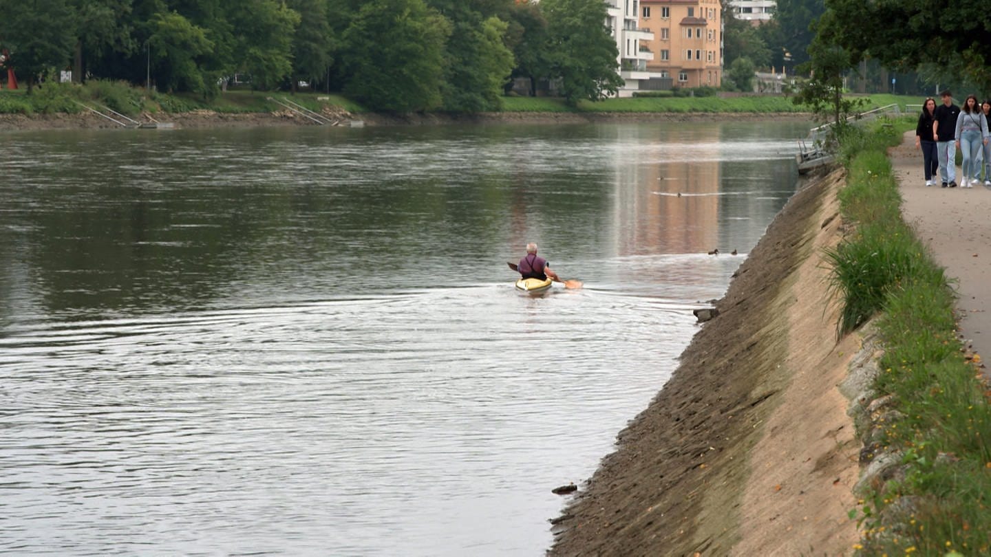 Für den Neubau der Gänstorbrücke ist der Wasserpegel der Donau in Ulm und Neu-Ulm um zwei Meter abgesenkt worden. Das soll voraussichtlich bis Mitte Oktober so bleiben. Wassersportler wie dieser Kanufahrer sind solange eine Etage tiefer unterwegs.