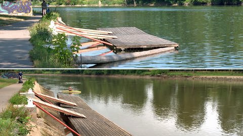 Vorher-Nachher: Der Steg des Ulmer Ruderclubs Donau (URCD) war vor der Donauabsenkung über Planken gut begehbar (oben). Nach der Absenkung des Wasserpegels ist der Zugang zum Steg gefährlich steil geworden. 