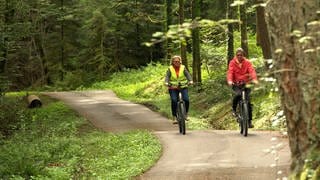 Ulrike und Raimund Lowak fahren nebeneinander mit dem E-Bike auf einer Straße durch den Wald. Touren wie diese würden mit einem klassischen Fahrrad nicht machen, sagen sie.