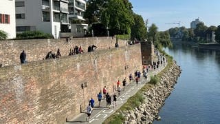 Läuferinnen und Läufer laufen beim Einstein-Marathon am Ulmer Donauufer entlang. Auch dieses Jahr verläuft die Strecke wieder entlang des Flusses. (Archivbild 2023)