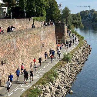 Läuferinnen und Läufer laufen beim Einstein-Marathon am Ulmer Donauufer entlang. Auch dieses Jahr verläuft die Strecke wieder entlang des Flusses. (Archivbild 2023)