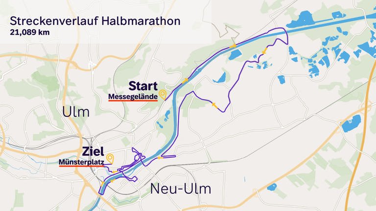 21,089 Kilometer verläuft die Strecke des Halbmarathons durch Ulm und Neu-Ulm. 