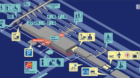 Die Grafik der DB verdeutlicht: Reisende werden einige Umwege in Kauf nehmen müssen, weil die Bahnhofshalle in Ulm geschlossen ist.