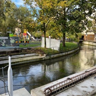 Hier an der Blau in Ulm soll die "Ökobrücke" eingesetzt werden. Einen Termin gibt es noch nicht. Der Bund der Steuerzahler kritisiert in seinem aktuellen "Schwarzbuch" zu Steuerverschwendungen die Stadt Ulm für den Fußgängersteg, der doppelt so teuer werden soll wie ursprünglich geplant.  