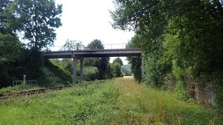 Eine Brücke über Bahngleise im Grünen: Die marode Brücke bei Blaustein: Die darunter verlaufende Bahnstrecke, auf der Züge zwischen Ulm und Blaubeuren pendeln, musste gesperrt werden. 