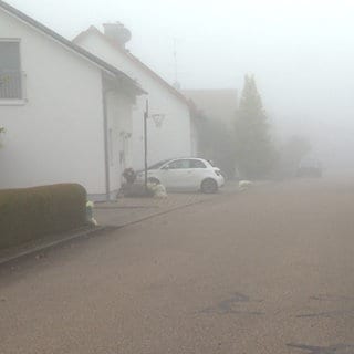 Eine Straße mit Einfamilienhäusern im Nebel: Eine Nachbarschaft aus Blaustein-Bermaringen wehrt sich gegen Abwassergebühren für einen fiktiven Ausbau ihrer Häuser.