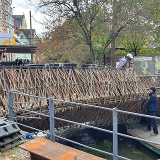 So langsam nimmt die viel diskutierte Fußgängerbrücke über die Blau in der Ulmer Innenstadt Gestalt an: Am Dienstag wurde mit der Montage der Geländer der Öko-Brücke begonnen, auch sie bestehen aus Flachsfasern und Bio-Harz. Für die Stadt Ulm ist die "Smart Circular Bridge" ein ökologisches Vorzeigeprojekt, für den Bund der Steuerzahler wegen der stark gestiegenen Kosten ein Fall von Steuerverschwendung (22.10.).