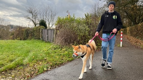 David Jekeli mit Tierheim-Hund Akiro. Die beiden gehen des Öfteren zusammen Gassi. Mittlerweile hat der 20-Jährige den japanischen Spitz ins Herz geschlossen.