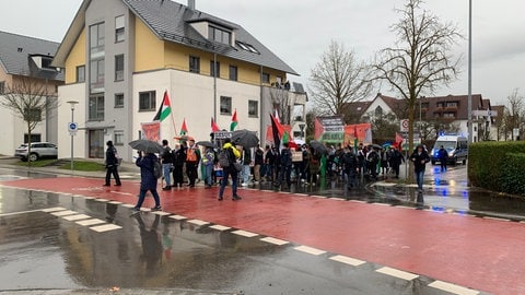 Rund 100 Teilnehmer der Pro-Palästina-Demo zogen am Samstag durch Langenau (Alb-Donau-Kreis). Ob sie in Zusammenhang mit den judenfeindlichen Schmierereien stehen, ermitteln jetzt Polizei und Staatsschutz.