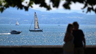 Boote fahren und segeln auf dem Bodensee, während im Vordergrund ein Paar für ein Foto posiert.