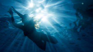 Ein Frau schwimmt bei strahlendem Sonnenschein im Freibad. Man sieht aus der Tiefe fotografiert nur ihre Silhouette.
