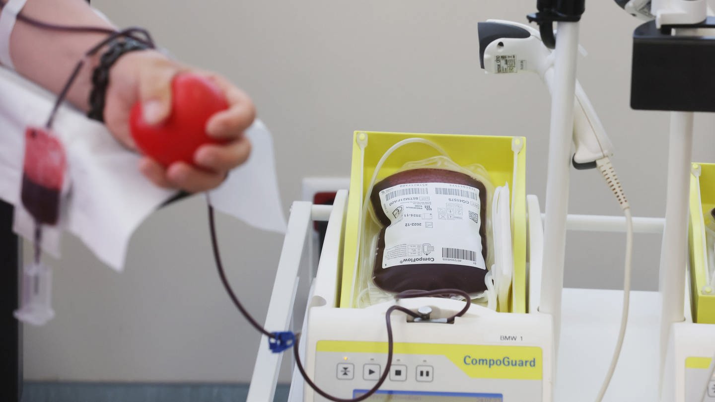 Der Auffangbeutel für eine Blutspende liegt auf einem Tisch in einem Raum im Hama Blutspendezentrum.