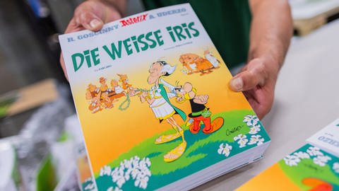 Ausgaben des neuen Asterix-Band Nummer 40 mit dem Titel "Die weiße Iris" werden in einer Logistikhalle konfektioniert und in Displays für den Einzelhandel verpackt