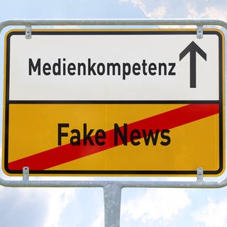 Auf einem Straßenschild steht durchgestrichen "Fake News" und darüber das Wort "Medienkompetenz" samt eines Pfeiles nach oben. Erhöhung der Medienkompetenz schützt also vor Fake News.