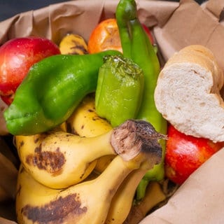 Verderbendes Obst und Brot in einem Mülleiner, Symbolbild Lebensmittelverschwendung