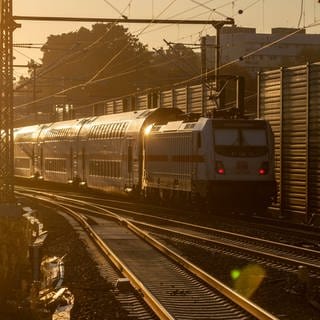 Ein Zug fährt an der Station Frankfurter Berg entlang.