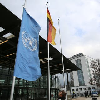 Zwei Flaggen an Fahnenmasten: UNO-Flagge und Deutschland-Flagge