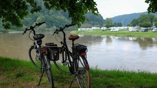 Zwei E-Bikes stehen am Weserufer am Rand des Weserradweges bei Bad Karlshafen unter Bäumen.