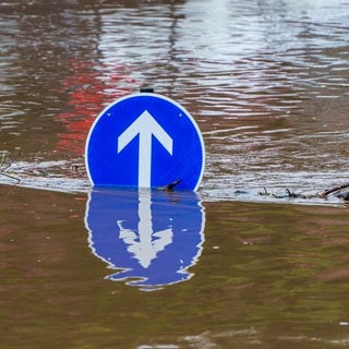 Ein Verkehrsschild steht im Hochwasser und wird vom stark gestiegenen Wasserspiegel fast verdeckt