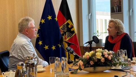 Bruno Kahl, Präsident des Bundesnachrichtendienstes (BND) und Evi Seibert, Korrespondentin im ARD-Hauptstadtstudio Berlin