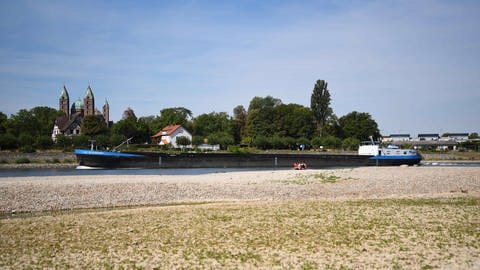 Ein Schiff fährt auf dem Rhein mit Niedrigwasser. Im Hintergrund ist der Dom zu Speyer in Rheinland-Pfalz zu sehen.