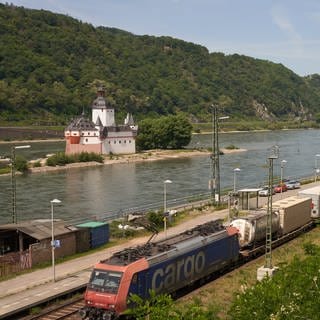Ein Güterzug fährt an der Zollburg vorbei, die auf einer Rheininsel liegt. 