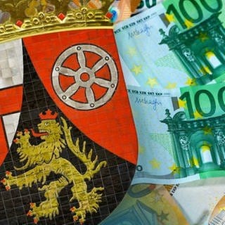 Rheinland-pfälzisches Wappen umrahmt von Geldscheinen