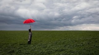 Frau mit Schirm auf Feld vor dunklem Himmel