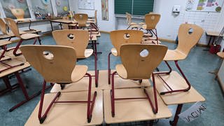 Ein leeres Klassenzimmer mit Stühlen auf den Tischen
