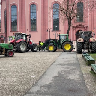 Bauern protestieren mit ihren Traktoren vor dem rheinland-pfälzischen Landtag.