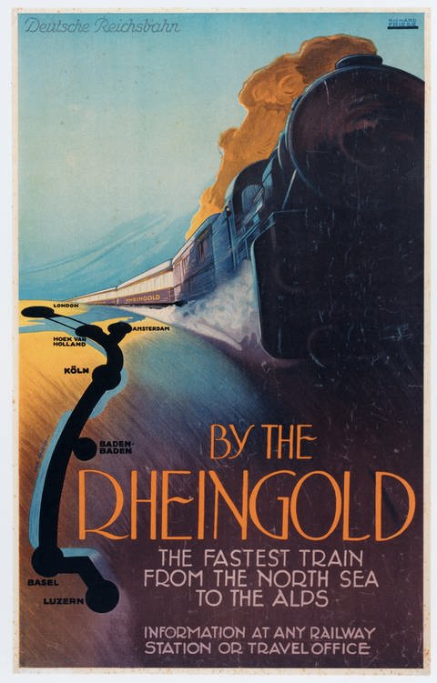 Mit dieser Anzeige wurde 1928 für den "schnellsten Zug von der Nordsee in die Alpen" geworben. Der "Rheingold" verband damals die Niederlande über Deutschland mit der Schweiz.