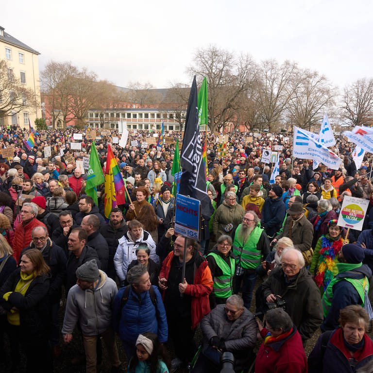 Auf einer Demonstration in Mainz machen Menschen von ihrer Meinungsfreiheit Gebrauch. 