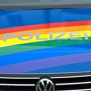 Farben der queeren Bewegung über VW-Front-Polizeiautos  