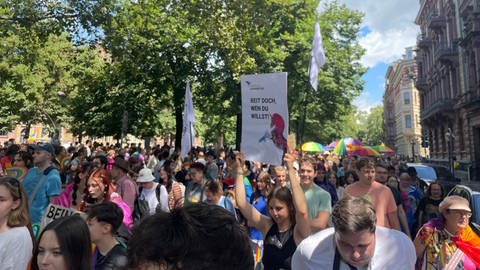 CSD in Mainz: Menschen demonstrieren in der Innnenstadt für Rechte der queeren Community. 