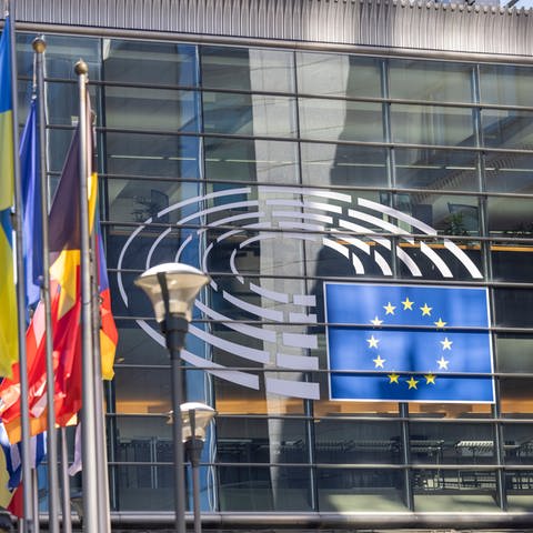 Nach der Europawahl: Die Flaggen der europäischen Mitgliedsstaaten wehen vor dem Gebäude des Europäischen Parlaments in Brüssel. 