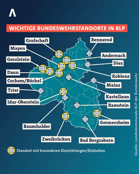 Die Bundeswehr ist an 18 größeren Standorten verteilt in ganz Rheinland-Pfalz vertreten.
