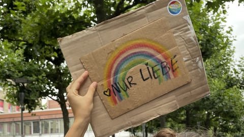 Kurz und bündig fasste den CSD eine Demonstrierende in Mainz zusammen. "Nur Liebe" ist auf ihrem Pappschild zu lesen.