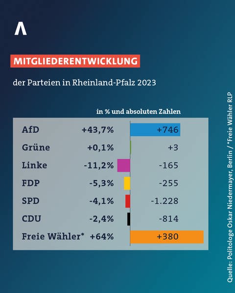 Die Grafik zeigt, wie viele Mitglieder die CDU, SPD, FDP, Früne, Linke und Freie Wähler 2023 prozentual dazugewonnen haben.