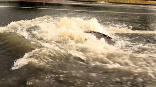 Starkregen - die Wassermassen drücken Gullydeckel hoch.