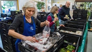 Ehrenamtliche Helferinnen und Helfer der Tafel sortieren Lebensmittel für Bedürftige