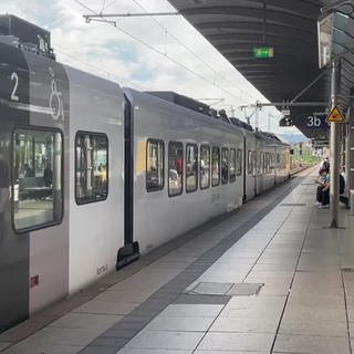 Zug hält an einem Bahnsteig