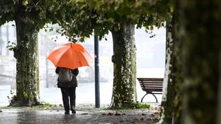 Eine Frau mit Regenschirm geht an der Uferpromenade entlang, während es in Strömen regnet.