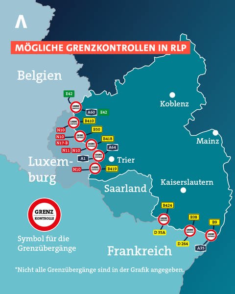 Mögliche Standorte von Grenzkontrollen an Straßen zwischen Rheinland-Pfalz und dem Ausland