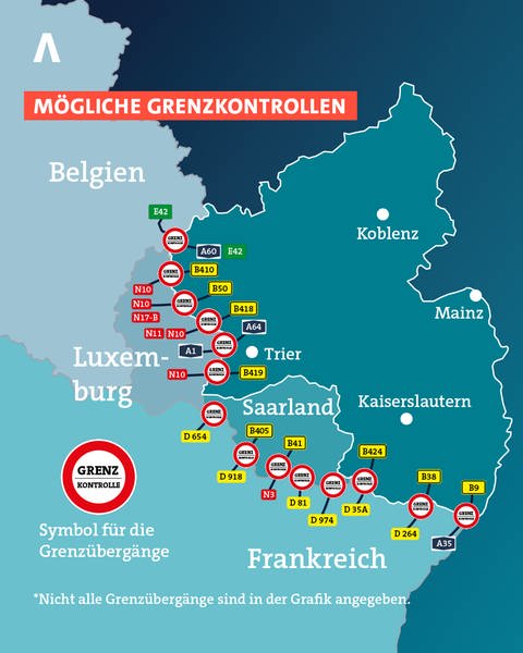 Mögliche Standorte von Grenzkontrollen an Straßen zwischen Rheinland-Pfalz und dem Ausland