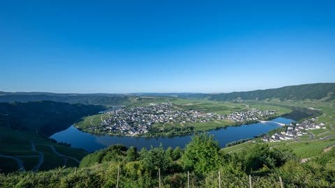 Ein wolkenfreier Himmel am Morgen über der Moselschleife und dem Weinort Piesport.