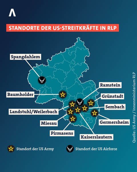 Die US Army ist mit acht und die Air Force mit zwei Standorten in RLP vertreten. 