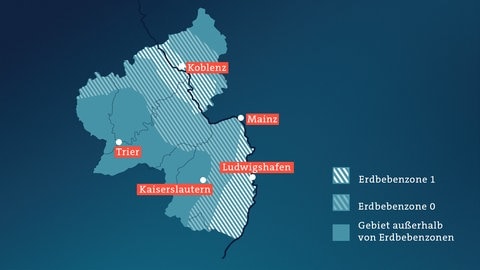 Hier sind die Erdbeben-Risikogebiete Niederrheinische Bucht mit dem Neuwieder Becken, Eifel und Oberrheingraben zu sehen.