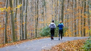 Zwei Jogger im Wald bei frühlingshaftem Novemberwetter - der Bomben-Zyklon macht es möglich.